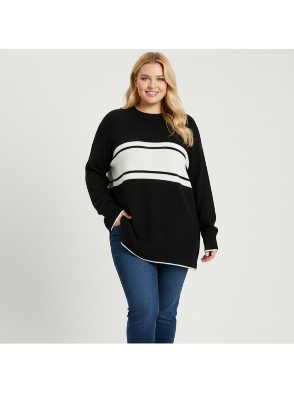 Penningtons Black White Soft Fuzzy Knit Tunic Sweater Long Sleeve 0X 1X Winter